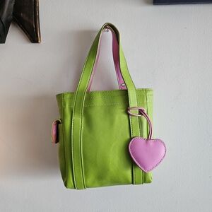 Green and Pink Tote Bag with Heart Charm